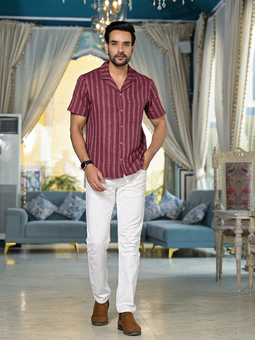 Maroon Woven Mandarin Collar Shirt - Elganza