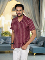 Maroon Woven Mandarin Collar Shirt - Elganza