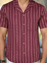 Maroon Woven Mandarin Collar Shirt - Elganza