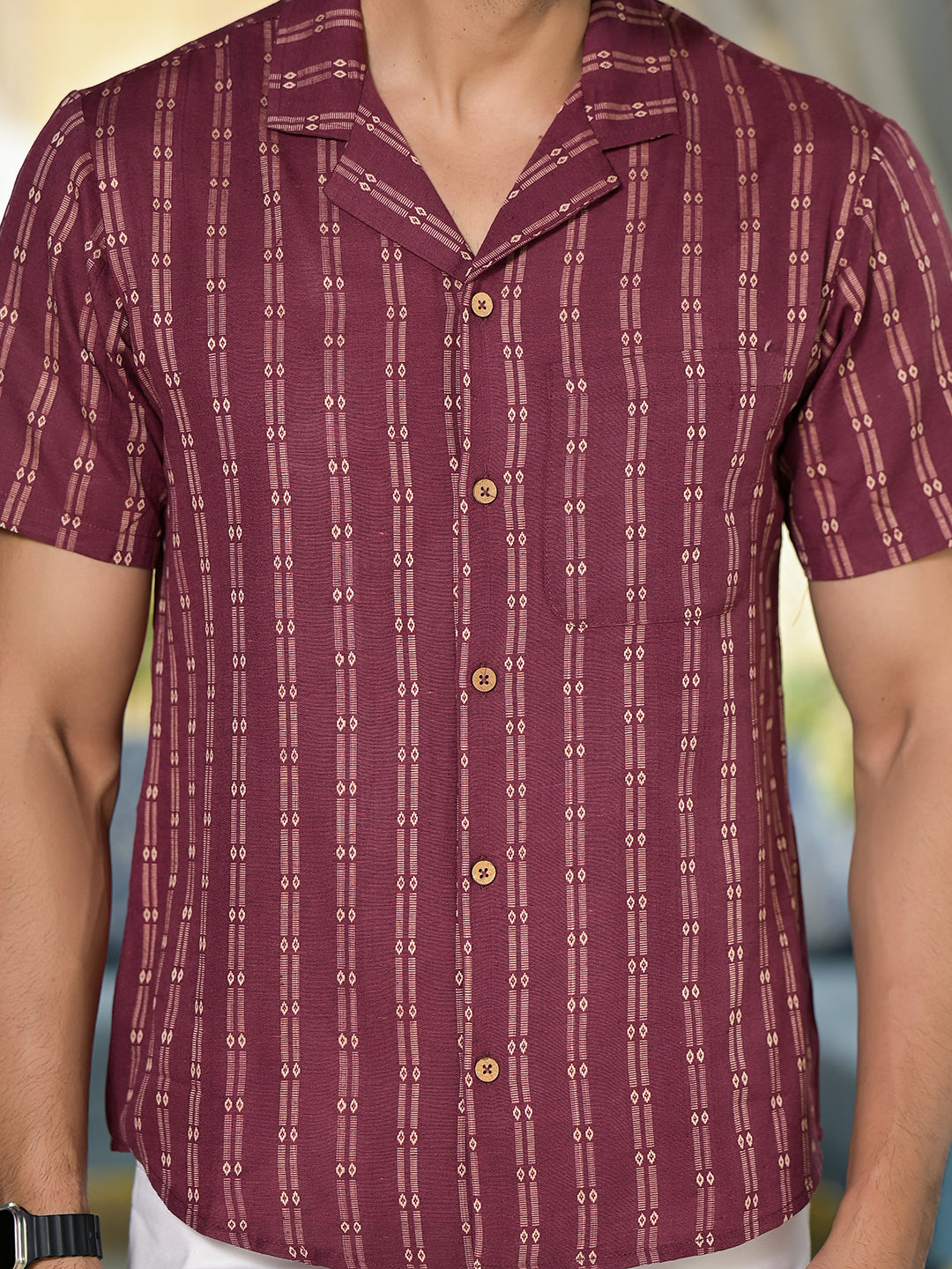 Maroon Woven Mandarin Collar Shirt - Elganza