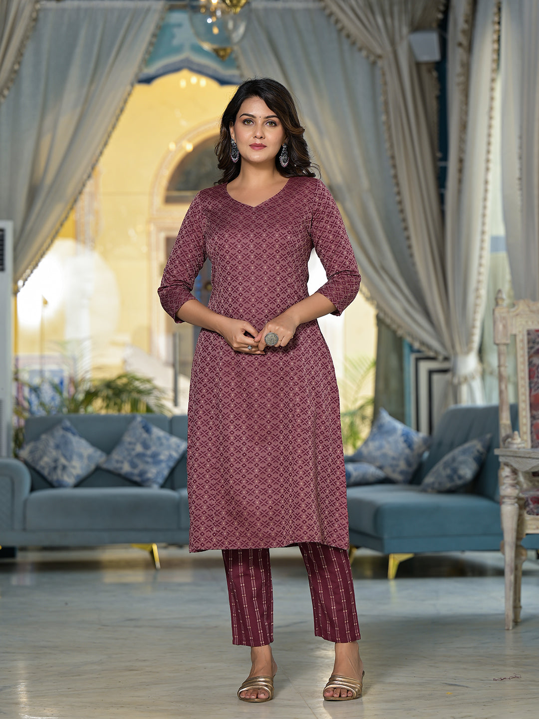 Rust Color Kurta Set With Dupatta - Elganza