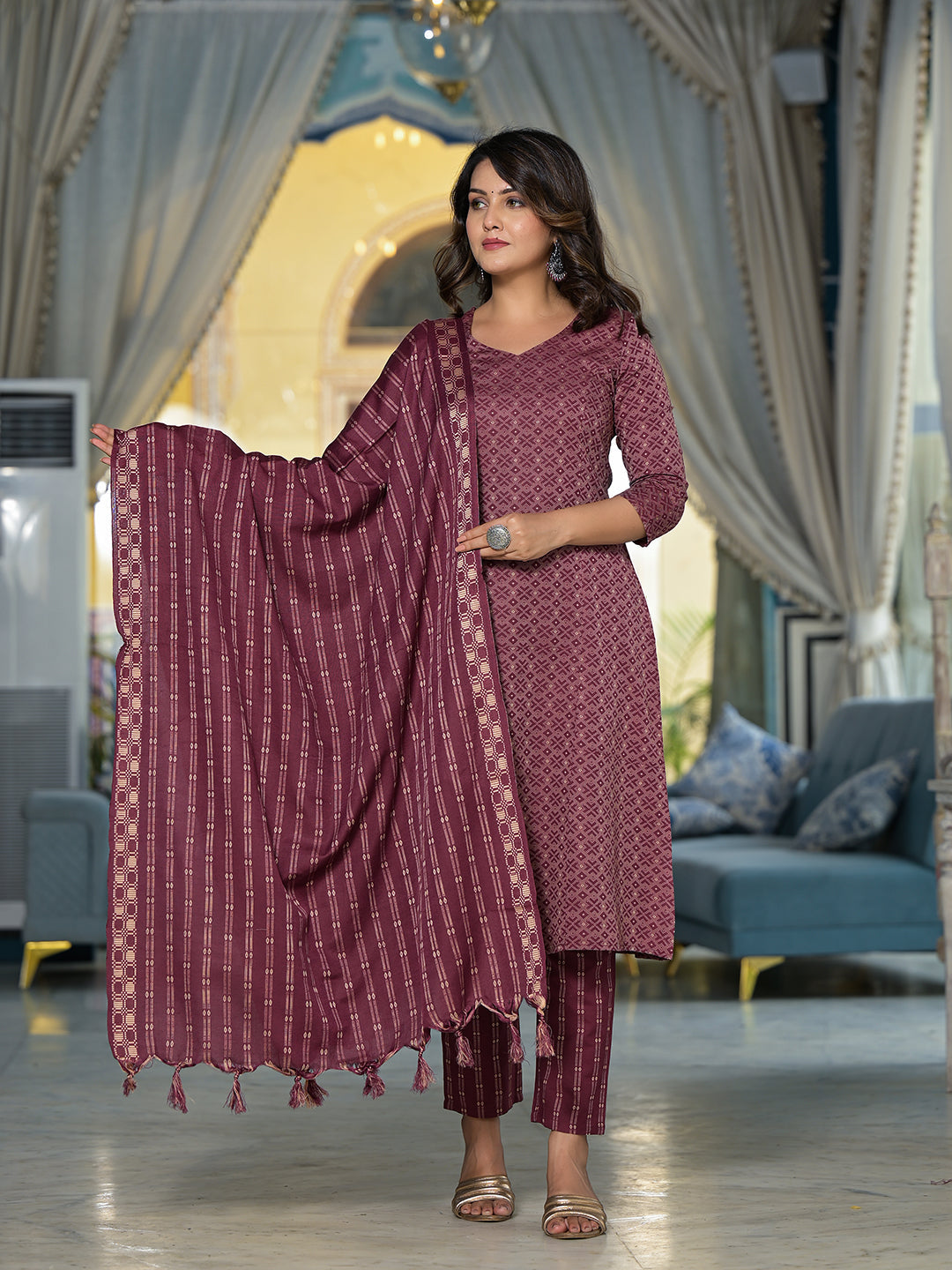 Rust Color Kurta Set With Dupatta - Elganza