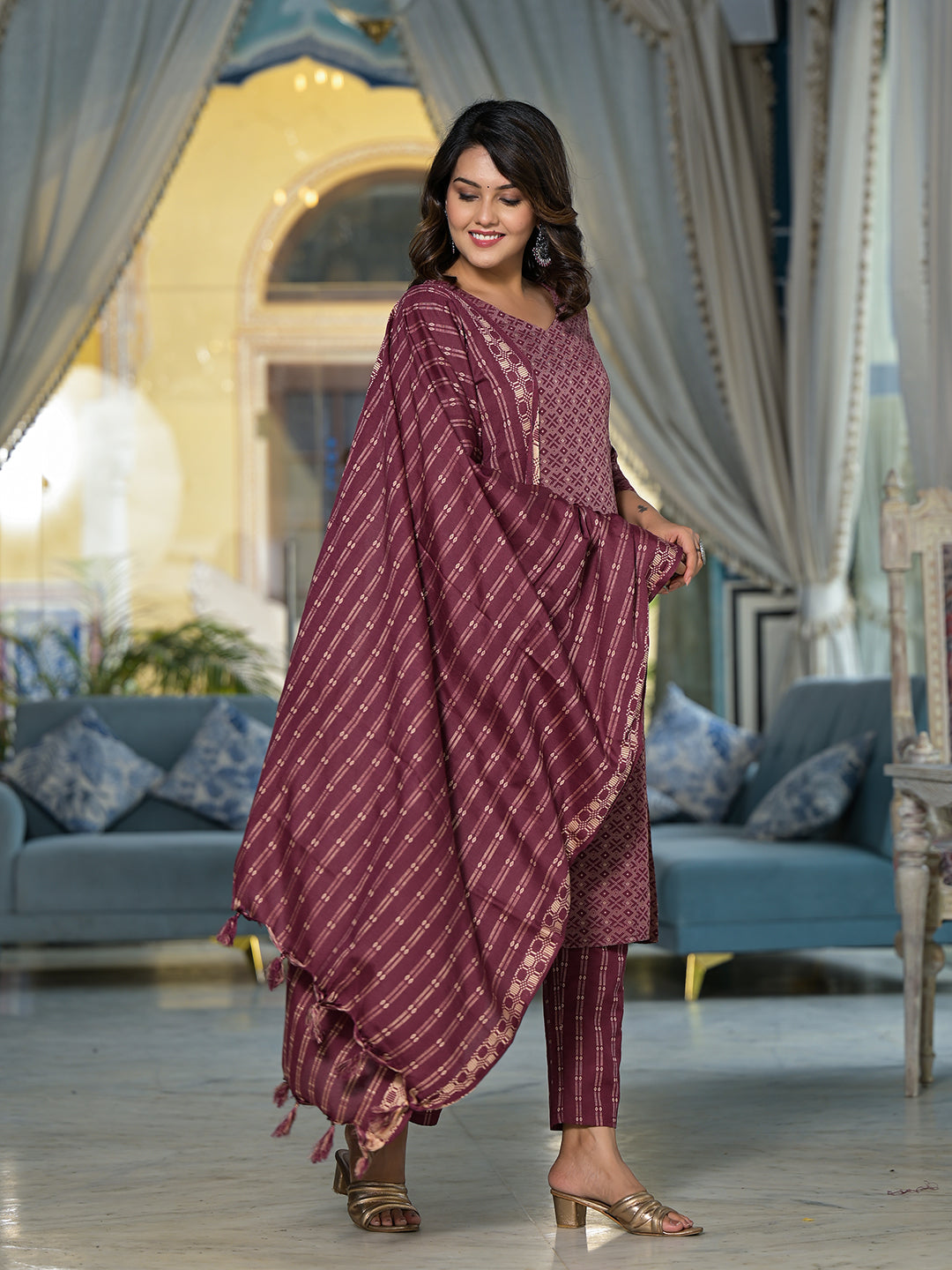 Rust Color Kurta Set With Dupatta - Elganza