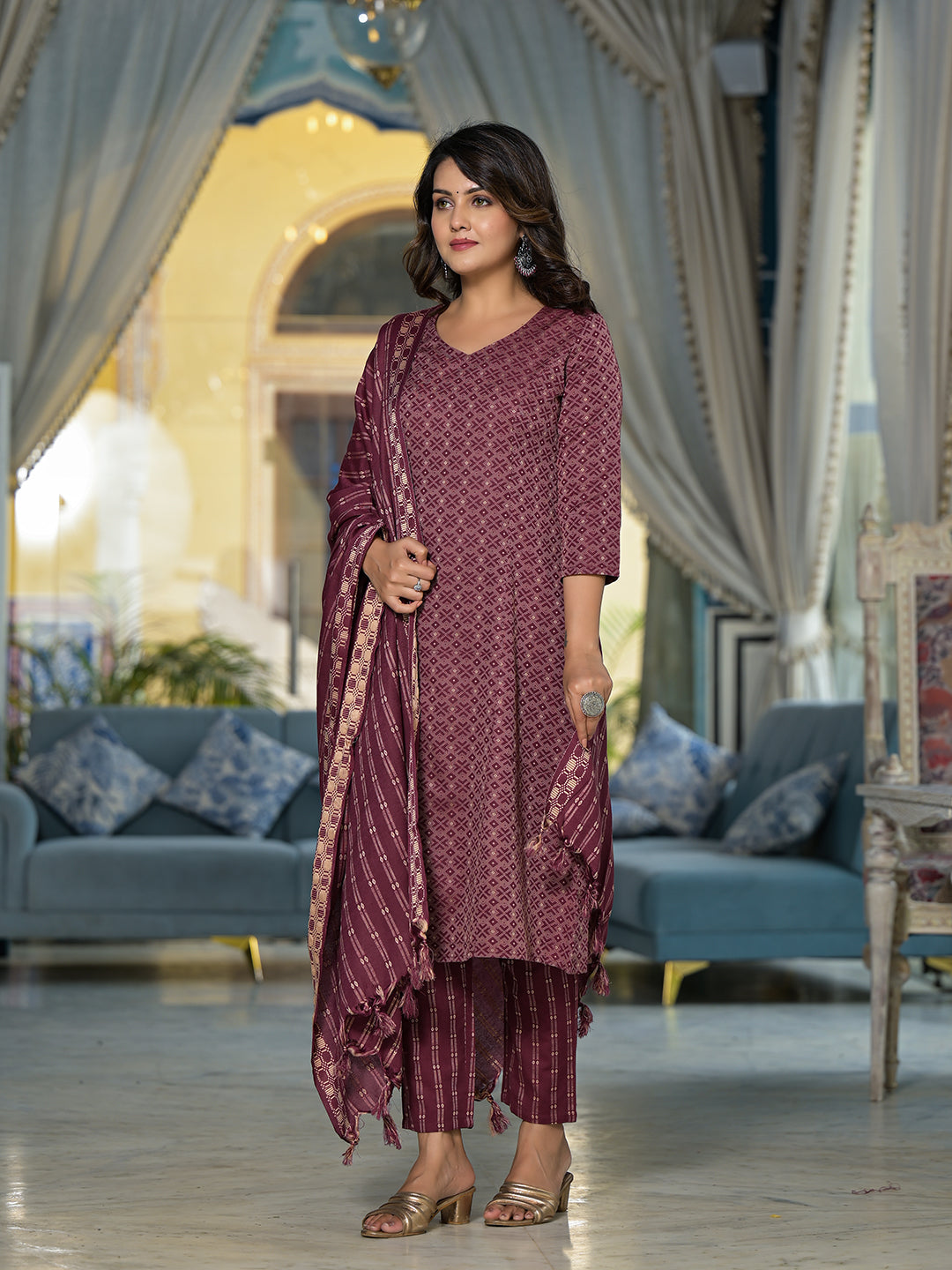 Rust Color Kurta Set With Dupatta - Elganza