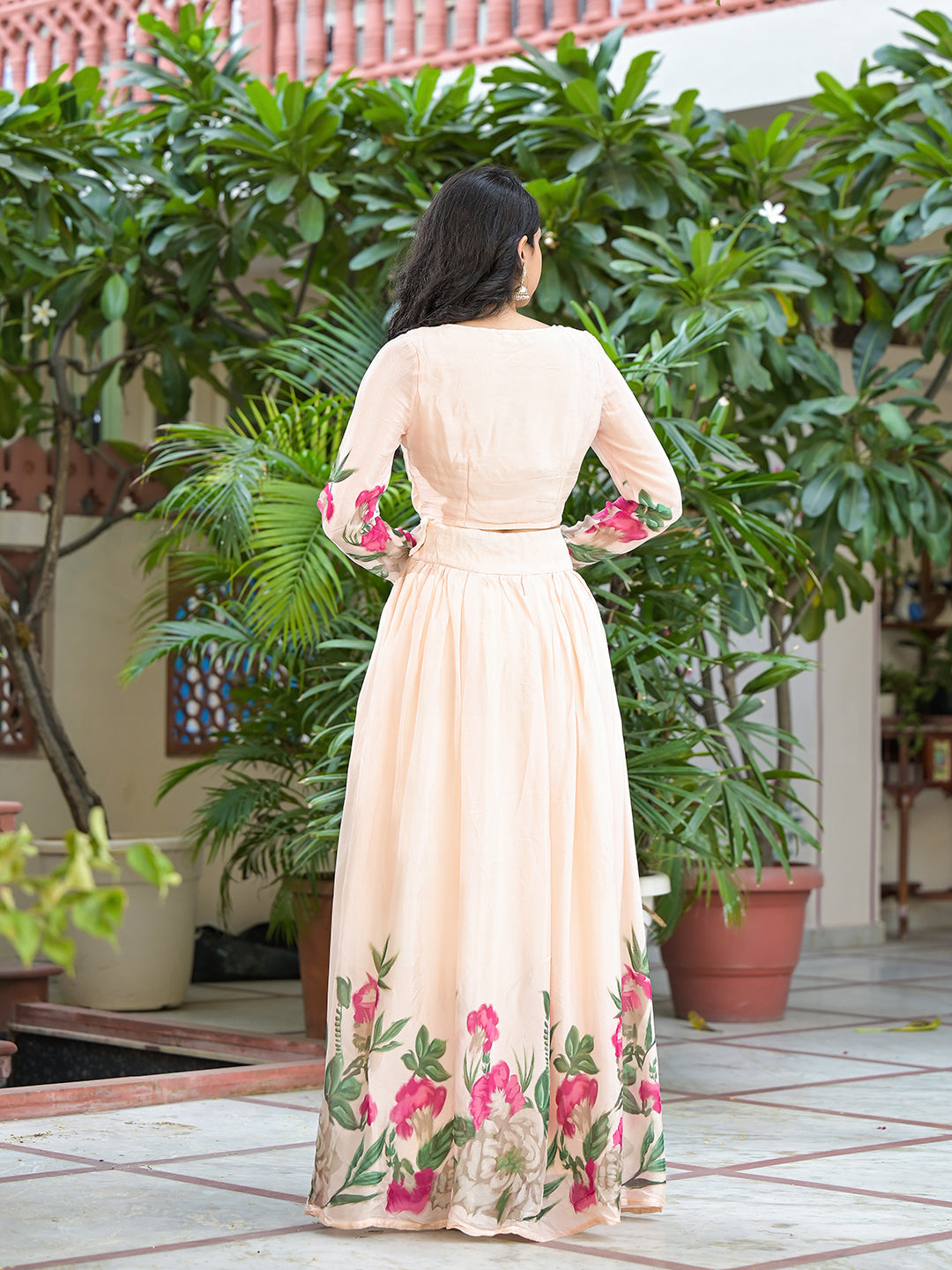 Peach Floral Print Lehenga Choli With Dupatta - Elganza