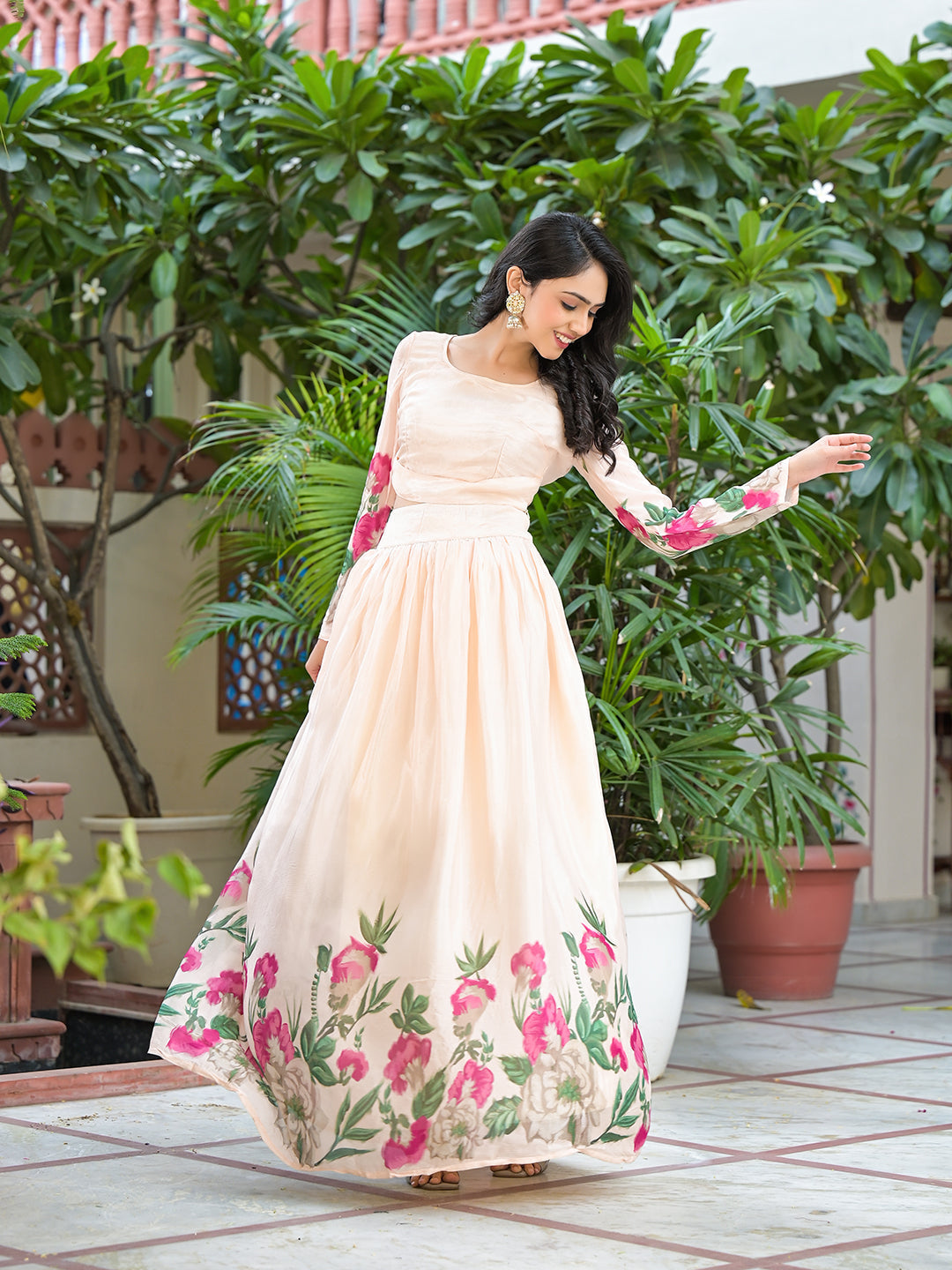 Peach Floral Print Lehenga Choli With Dupatta - Elganza