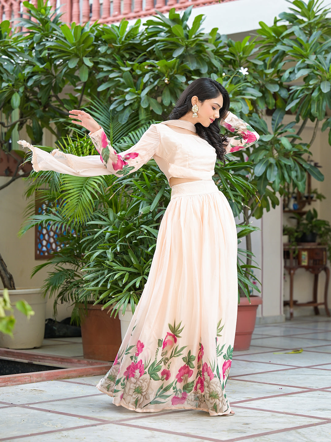 Peach Floral Print Lehenga Choli With Dupatta - Elganza