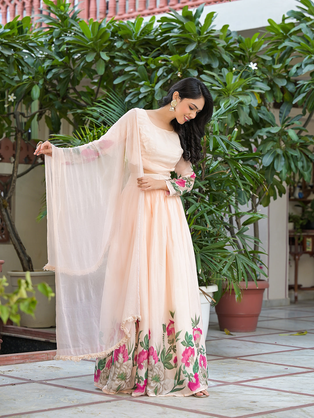 Peach Floral Print Lehenga Choli With Dupatta - Elganza