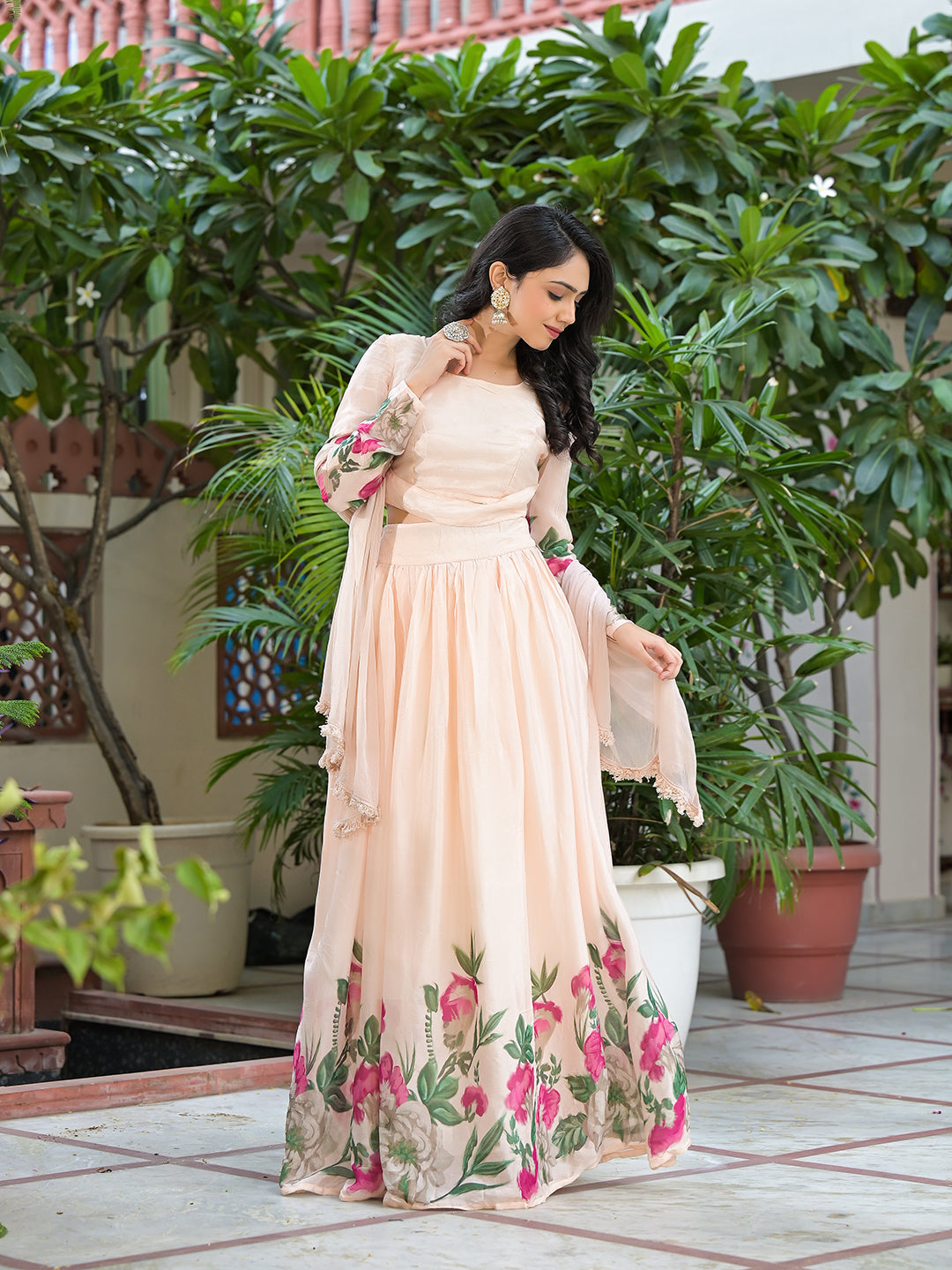 Peach Floral Print Lehenga Choli With Dupatta - Elganza