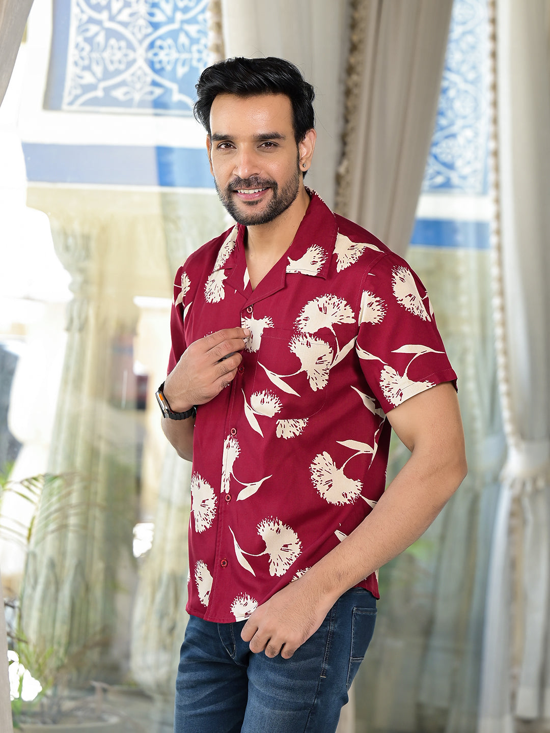 Maroon Floral Printed Shirt - Elganza