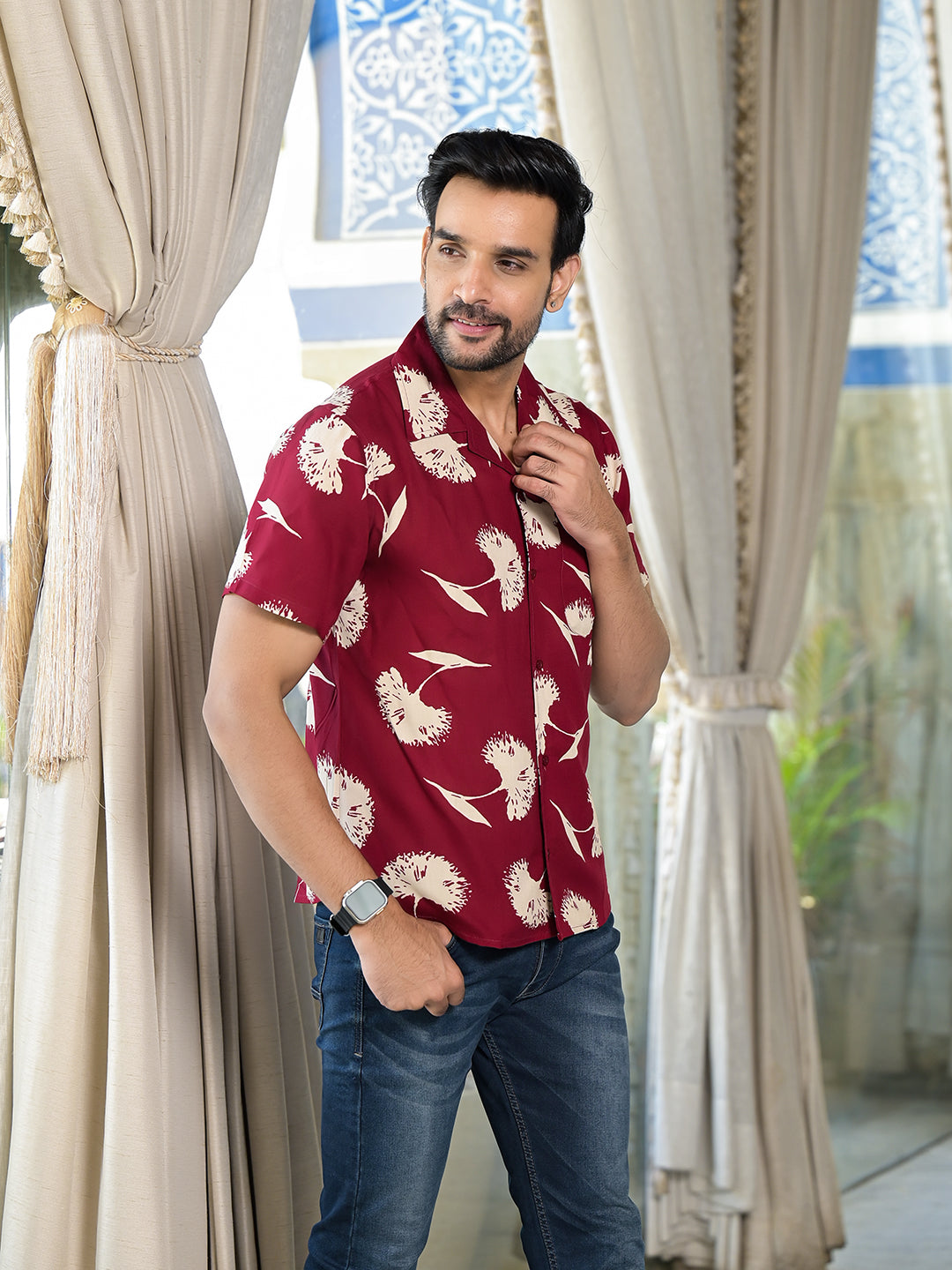 Maroon Floral Printed Shirt - Elganza