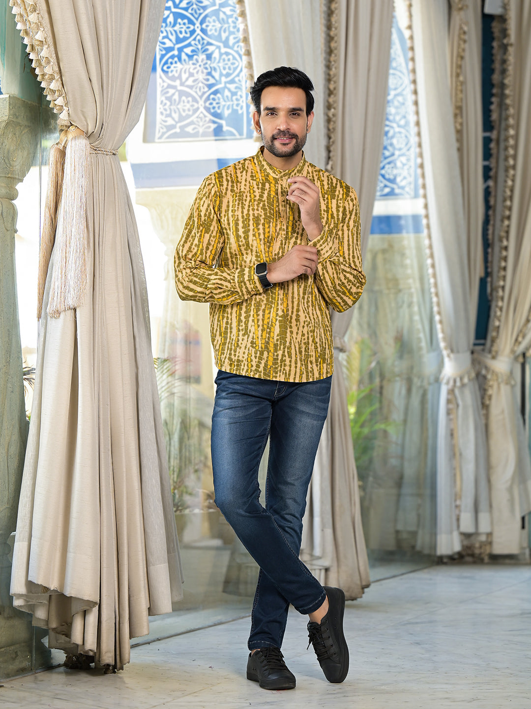 Mustard & Olive Shibori Print Kantha Shirt - Elganza