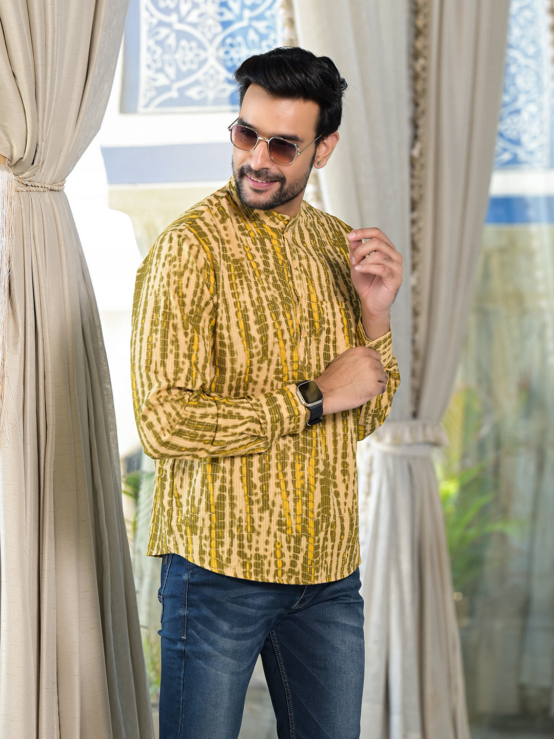 Mustard & Olive Shibori Print Kantha Shirt - Elganza