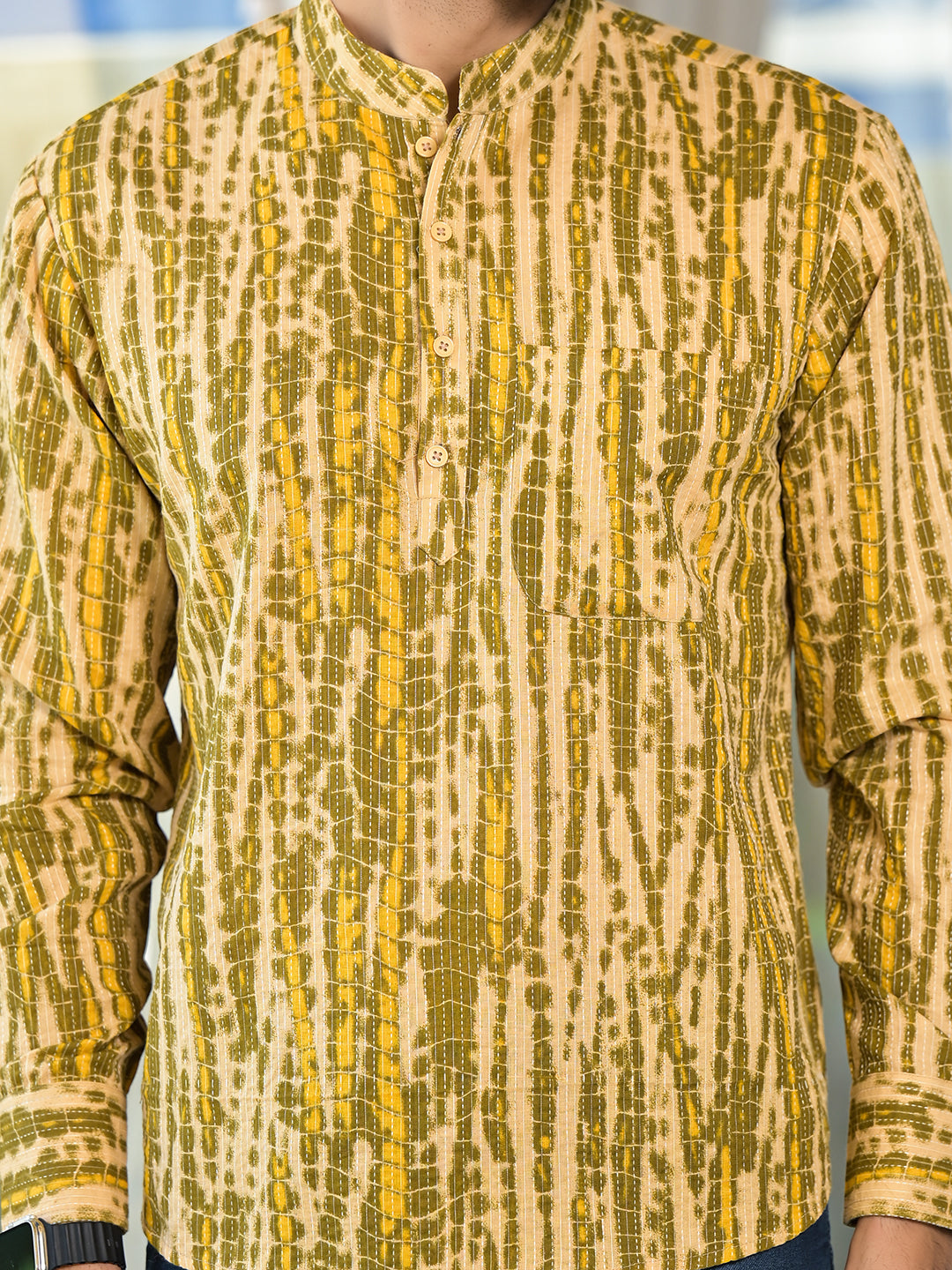Mustard & Olive Shibori Print Kantha Shirt - Elganza