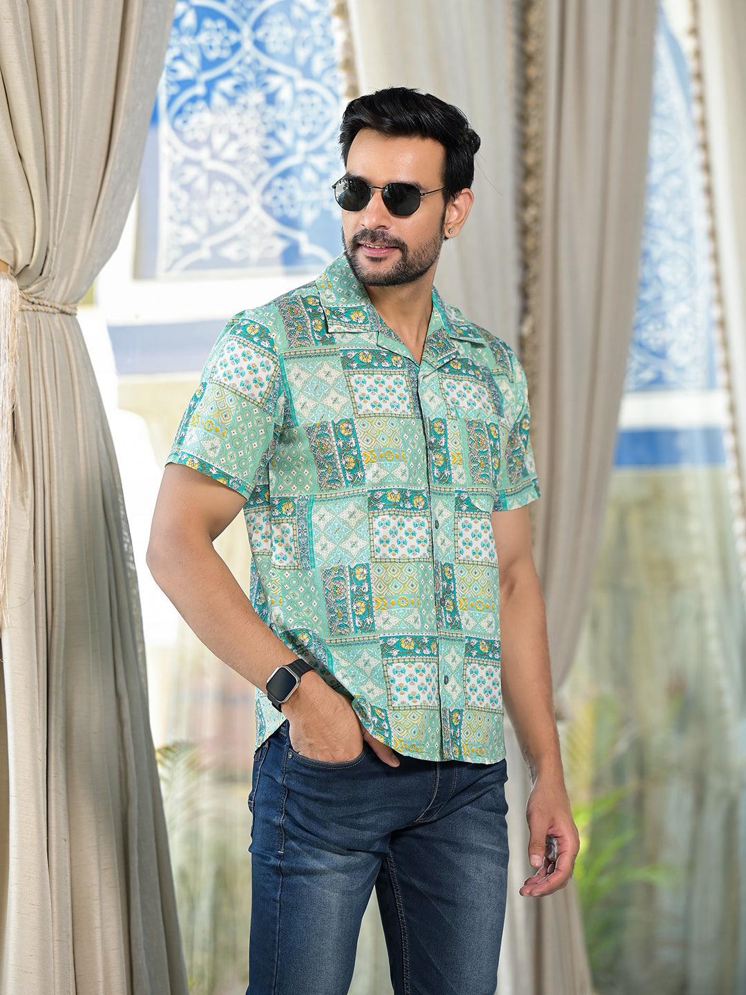 Blue patchwork printed Shirt - Elganza
