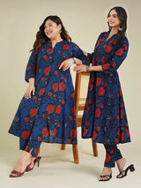 Women's Plus Size Navy Blue Pure Cotton Floral Printed A-line Kurta Pant Set