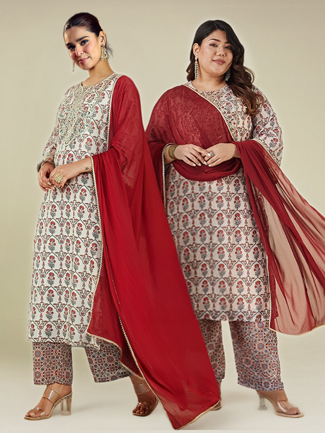 Women's Plus Size Cream & Maroon Georgette Embroidered Ajrakh Printed Straight Kurta Set