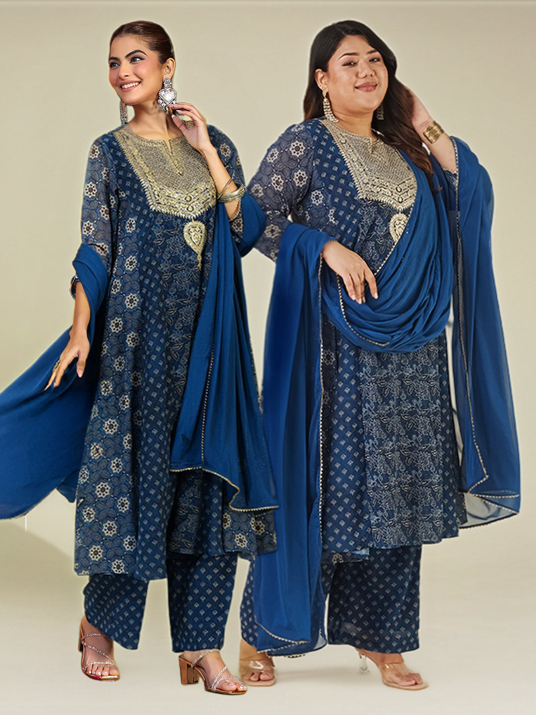 Women's Plus Size Dark Blue Georgette Ajrakh Printed Embellished Anarkali Kurta Set