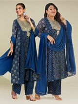 Women's Dark Blue Georgette Ajrakh Printed Embellished Anarkali Kurta Set