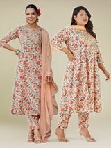 Women's Plus Size Peach Pure Cotton Floral Printed Zari Embroidered Anarkali Kurta Set