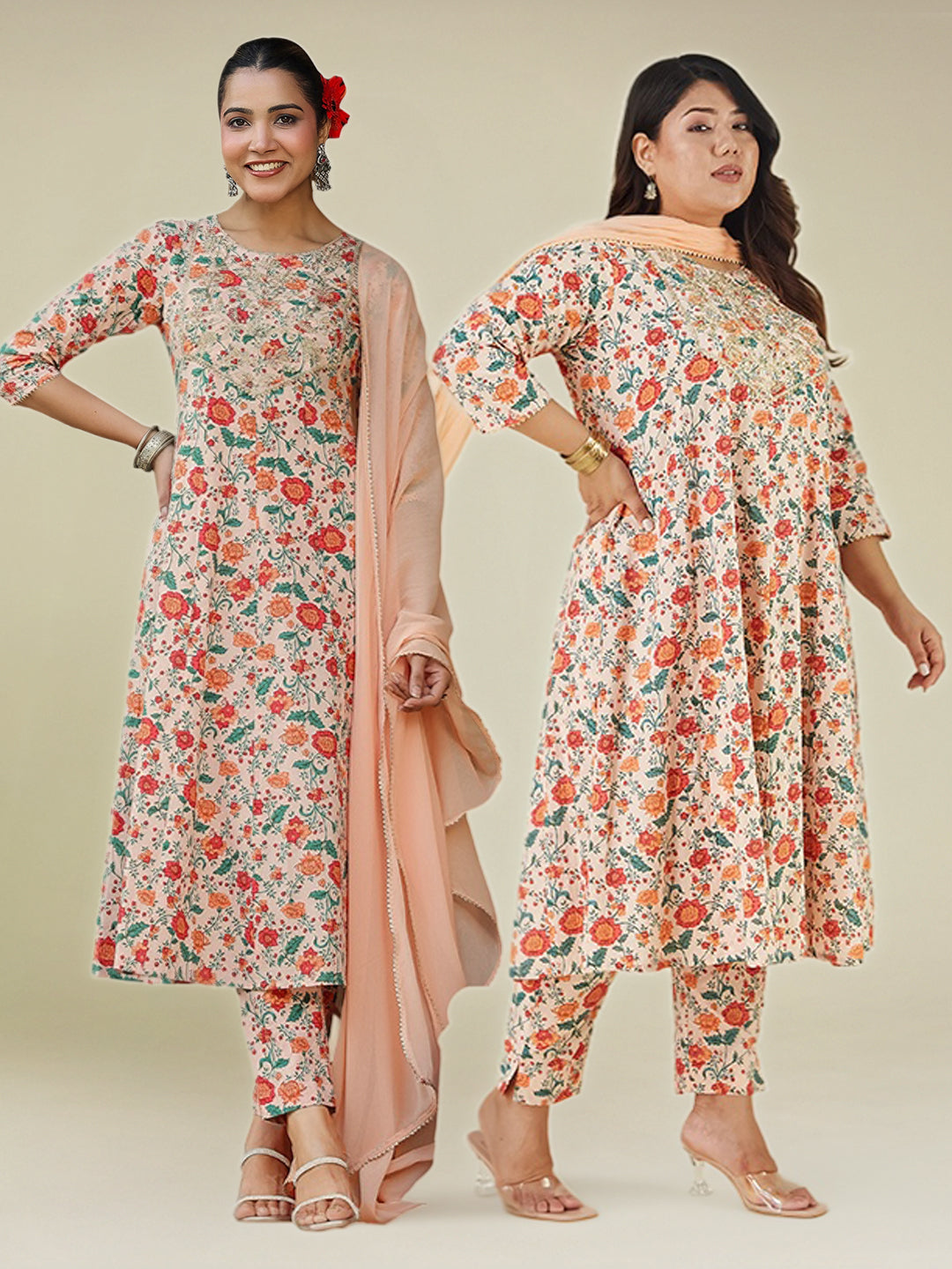Women's Plus Size Peach Pure Cotton Floral Printed Zari Embroidered Anarkali Kurta Set