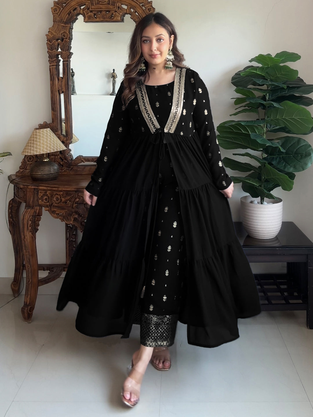 Women's Black Georgette Embellished Foil Printed Front-open Tiered Kurta Pant Set
