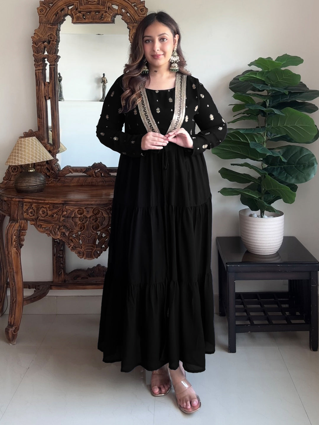 Women's Black Georgette Embellished Foil Printed Front-open Tiered Kurta Pant Set