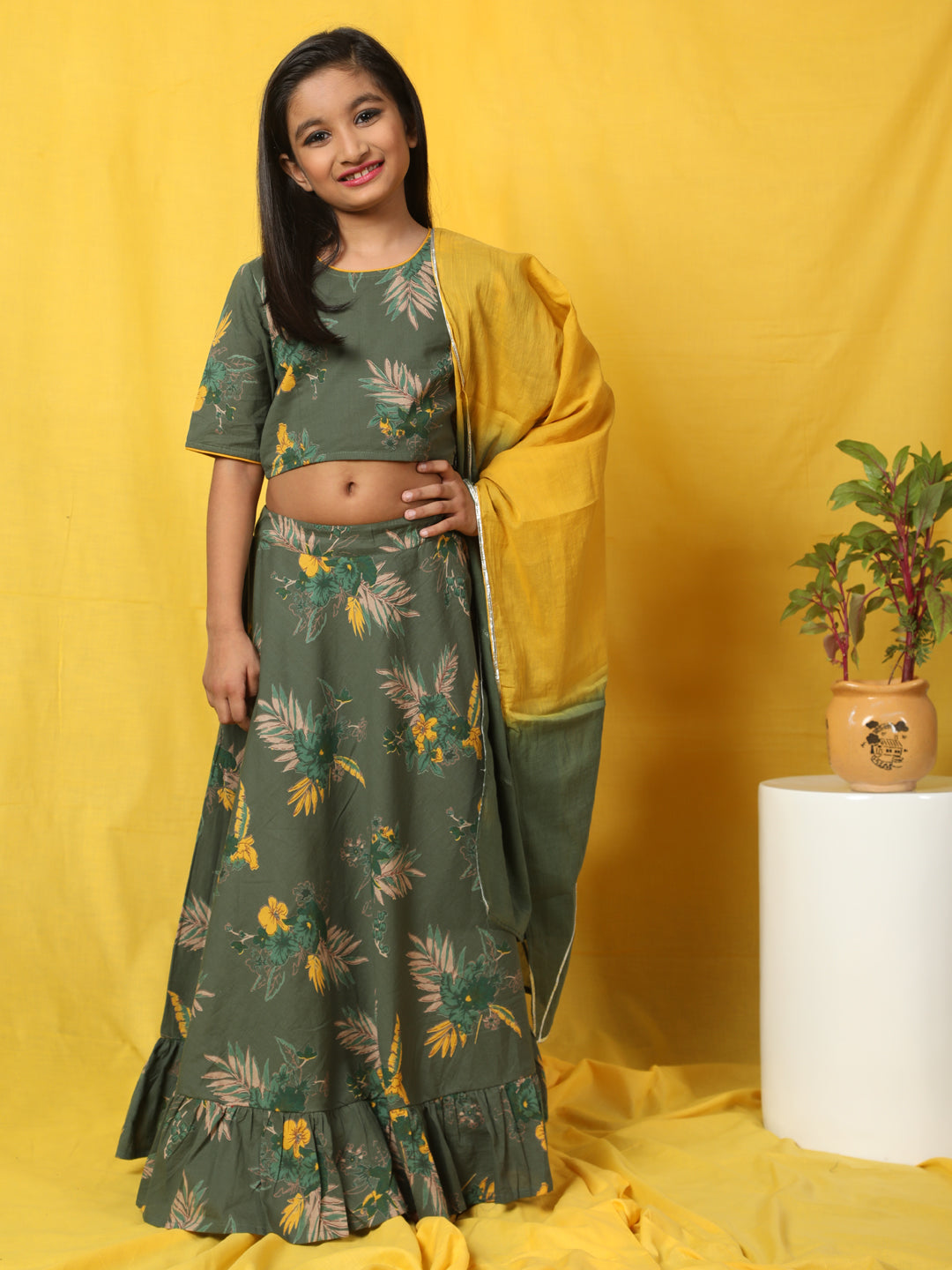 Green Floral Print Lehenga Choli With Dupatta