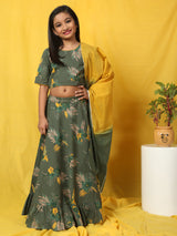 Green Floral Print Lehenga Choli With Dupatta