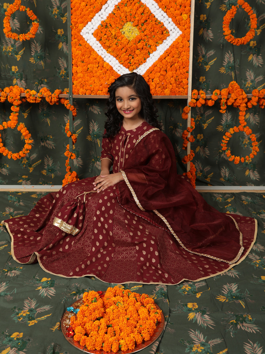 Maroon Gold Printed Lehenga Choli dupatta With Potli Bag - Elganza