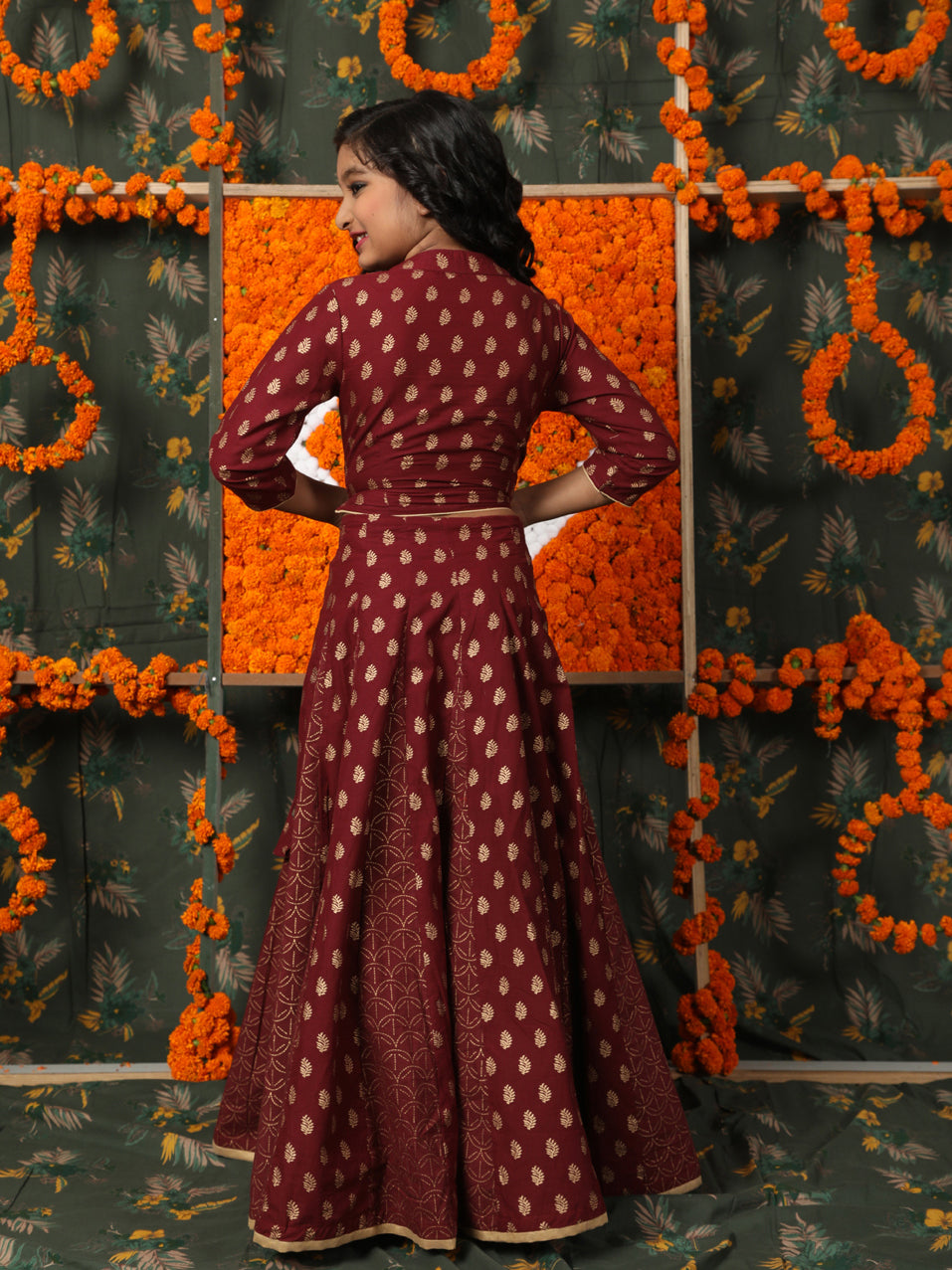 Maroon Gold Printed Lehenga Choli dupatta With Potli Bag - Elganza