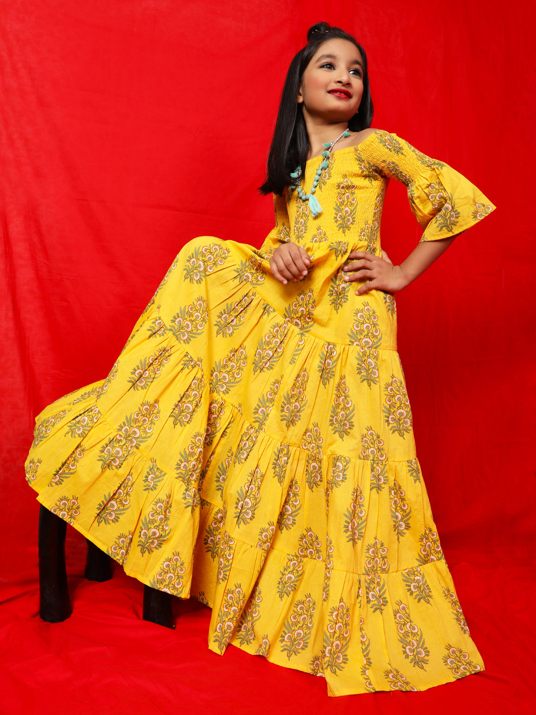 Yellow Floral Print Tiered Maxi Dress