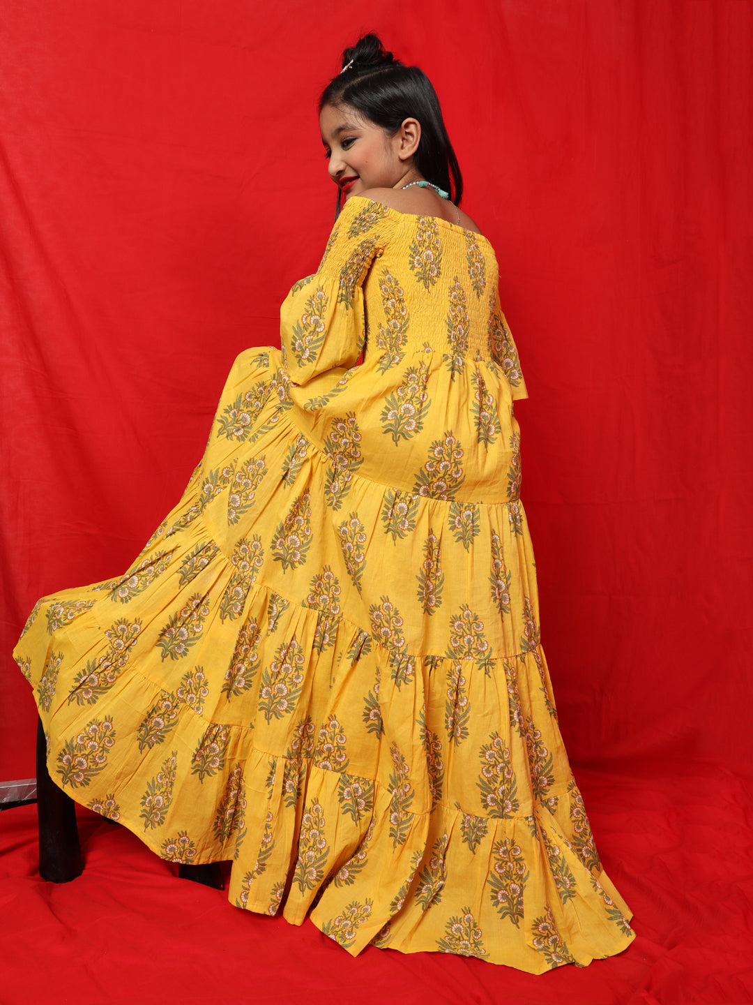 Yellow Floral Print Tiered Maxi Dress