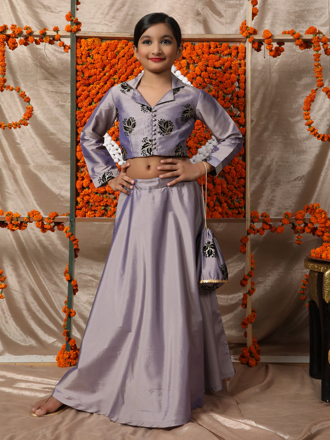 Lavender Flock Printed Lehenga Choli With Potli bag - Elganza