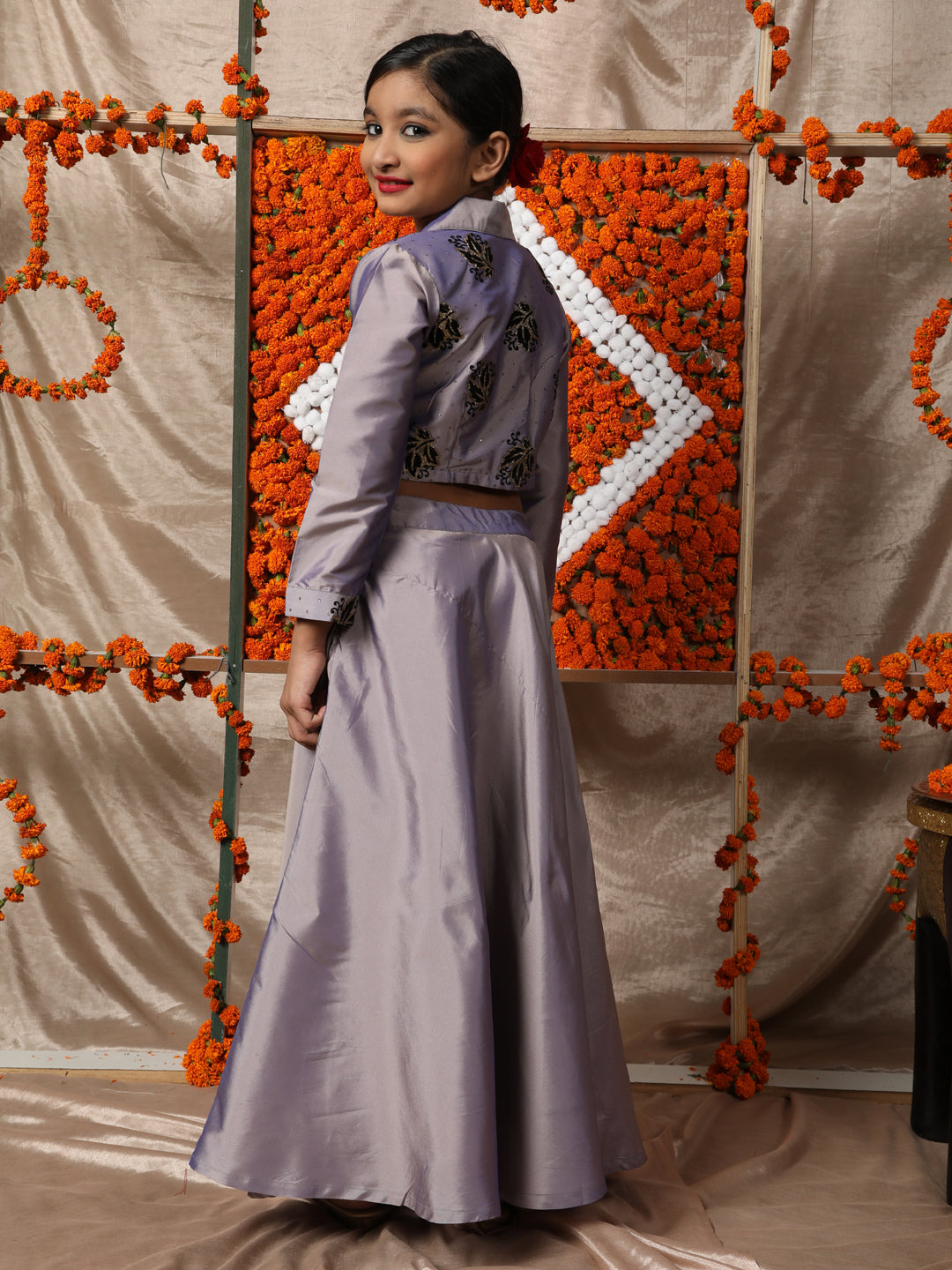 Lavender Flock Printed Lehenga Choli With Potli bag - Elganza
