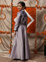 Lavender Flock Printed Lehenga Choli With Potli bag - Elganza