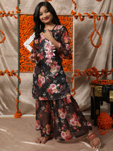 Black Sequin Floral Print Kurta With Sharara