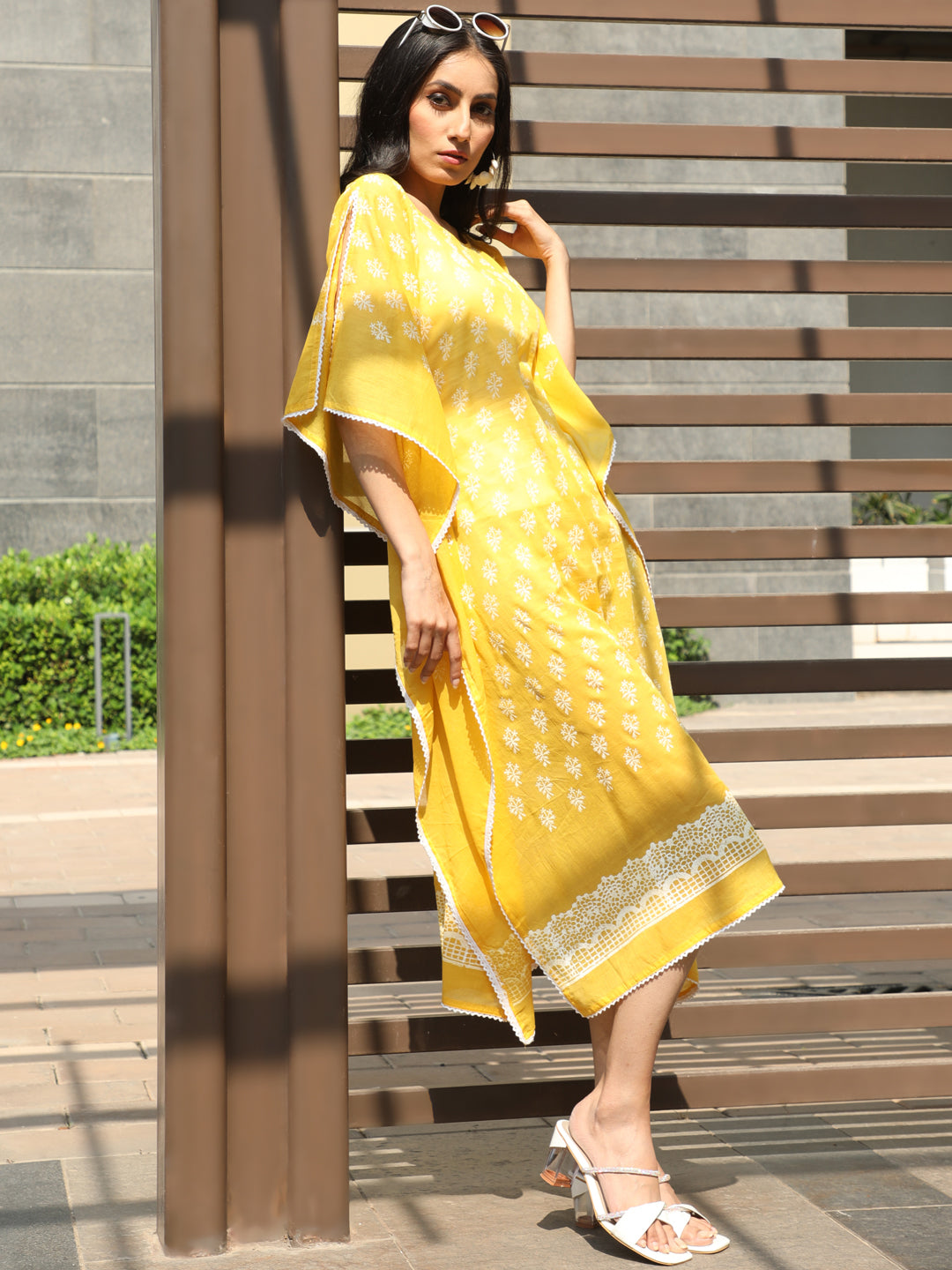 Yellow Hand Block Printed Kaftan Dress - Elganza