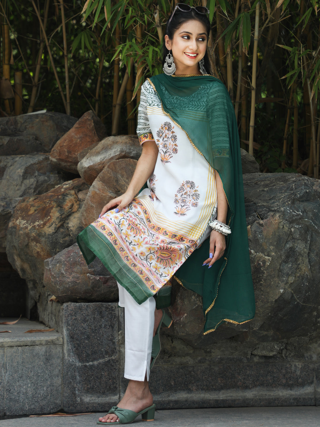 White Block Printed Kurta Set - Elganza
