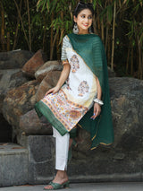 White Block Printed Kurta Set - Elganza