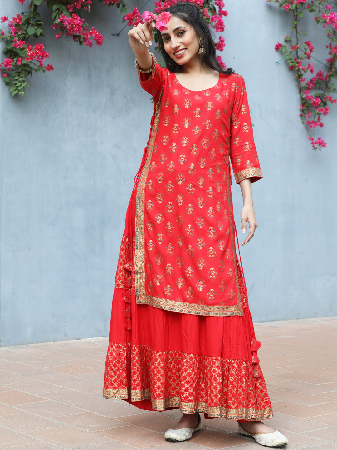 Red Khari Print Double Layered Maxi Dress - Elganza