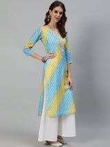 Blue Leheriya Print Yoke Embroidered Kurta - Elganza