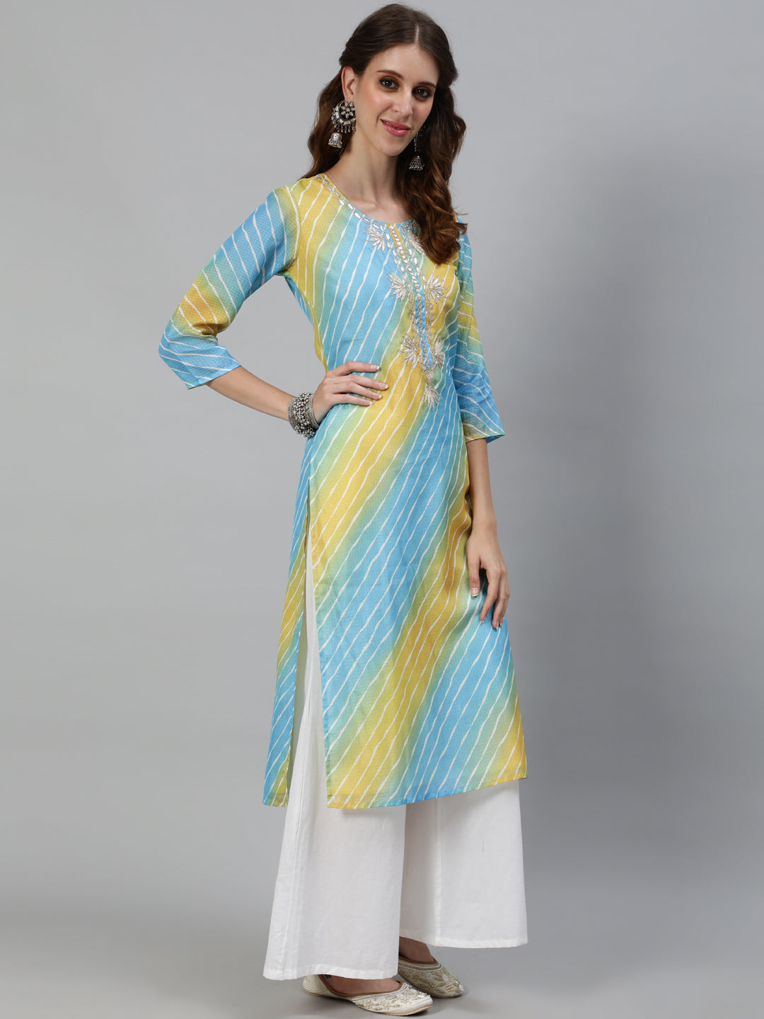 Blue Leheriya Print Yoke Embroidered Kurta - Elganza