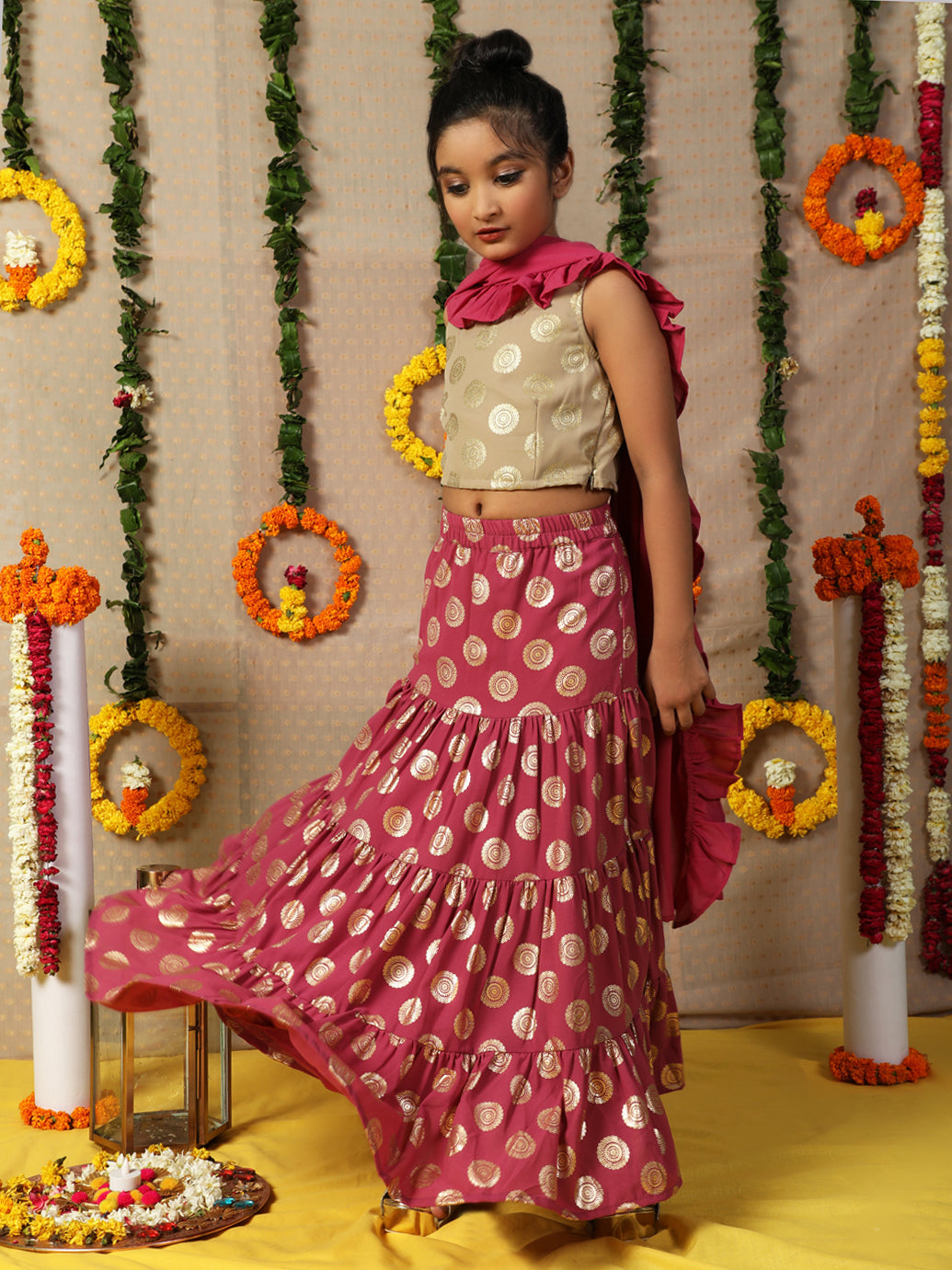 Purple Gold Foil Printed Lehenga Choli With Dupatta - Elganza