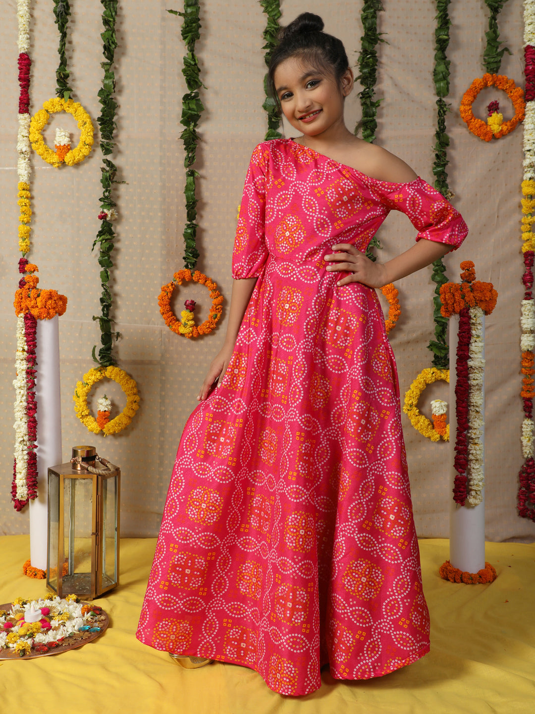 Pink Gold Bandhani Print Maxi Dress - Elganza