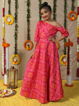 Pink Gold Bandhani Print Maxi Dress - Elganza