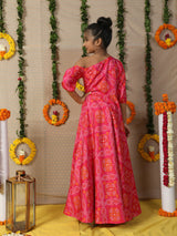 Pink Gold Bandhani Print Maxi Dress - Elganza