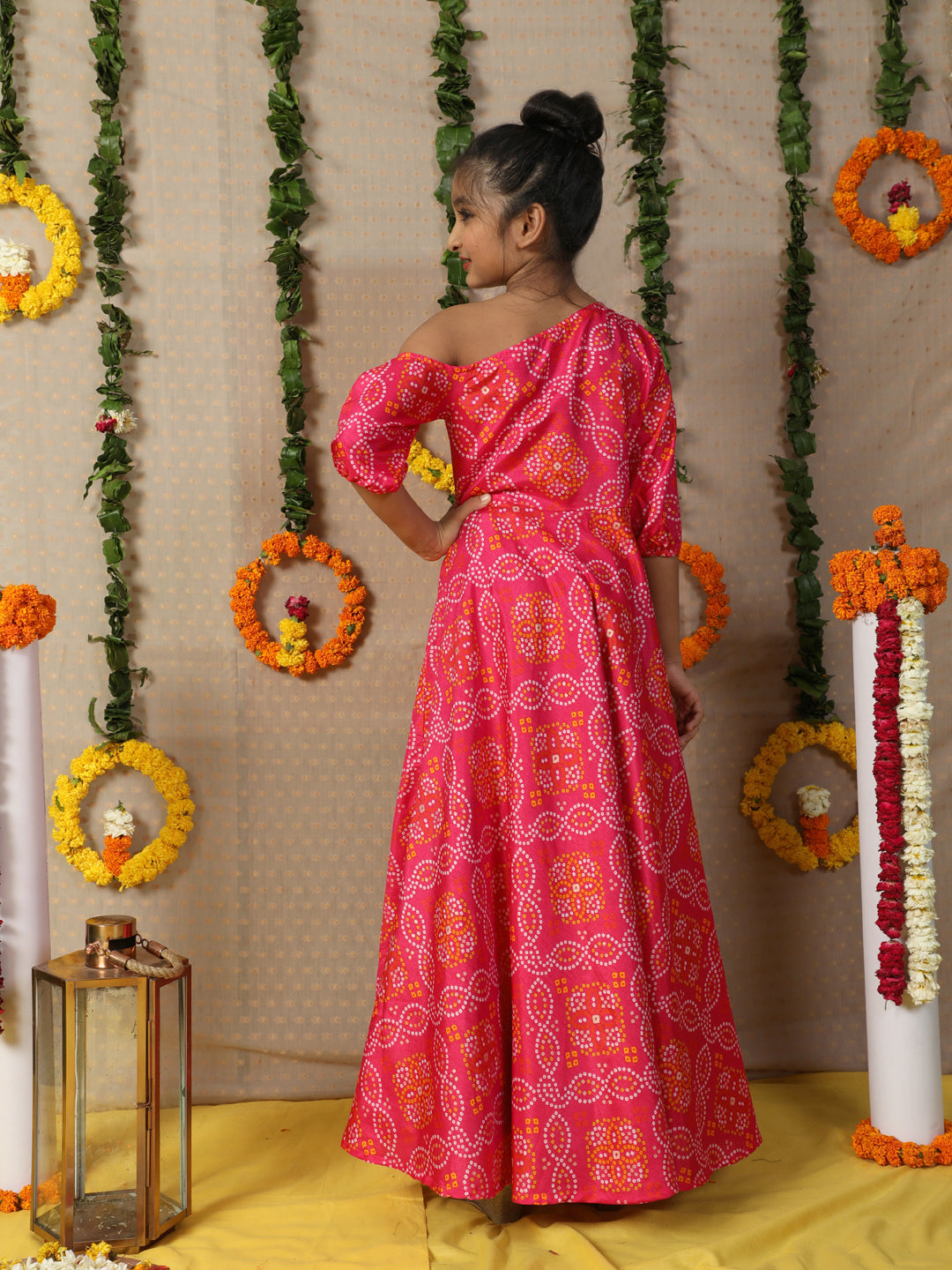 Pink Gold Bandhani Print Maxi Dress - Elganza