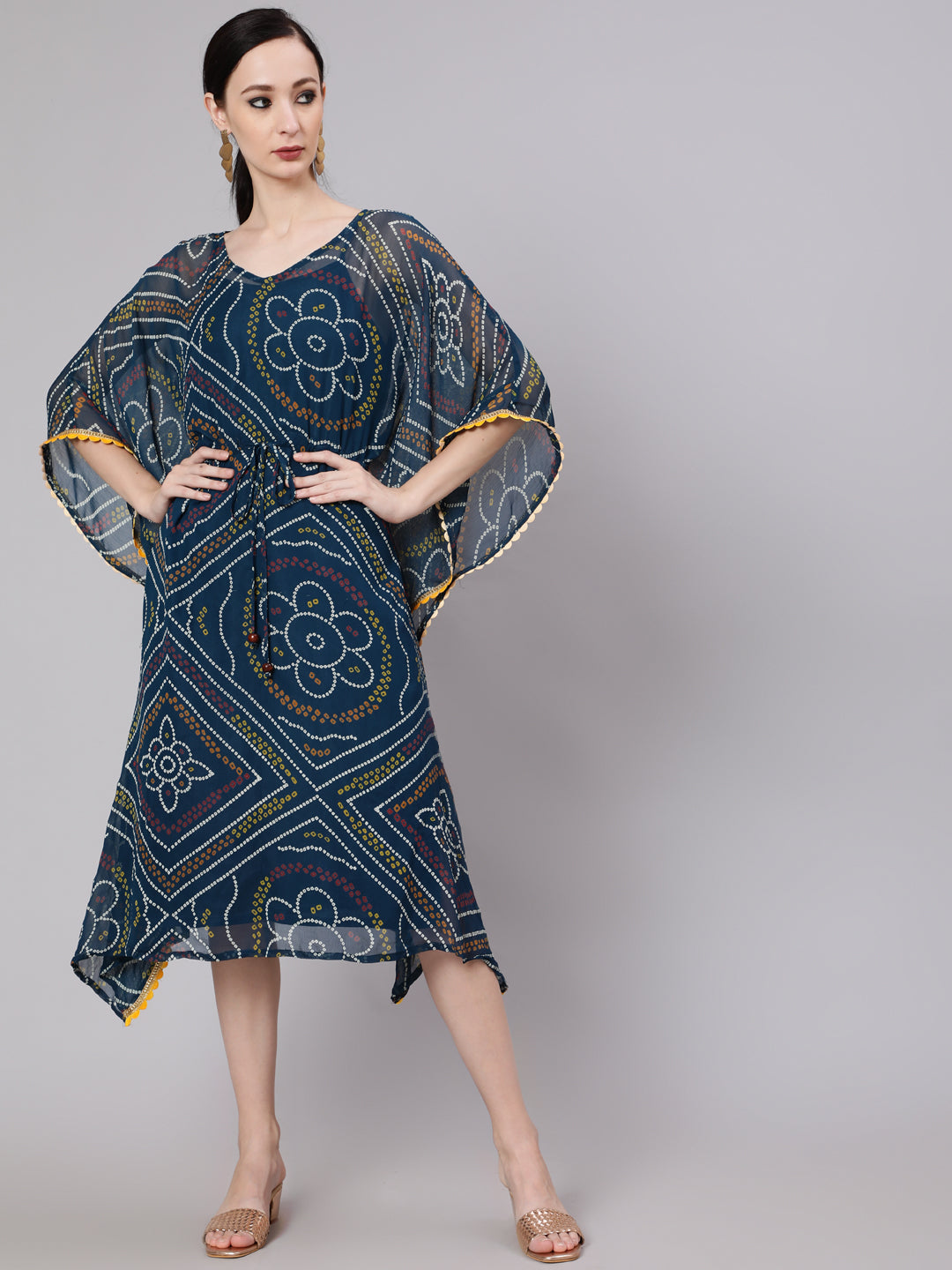 Blue Micro Print Kaftan Dress - Elganza