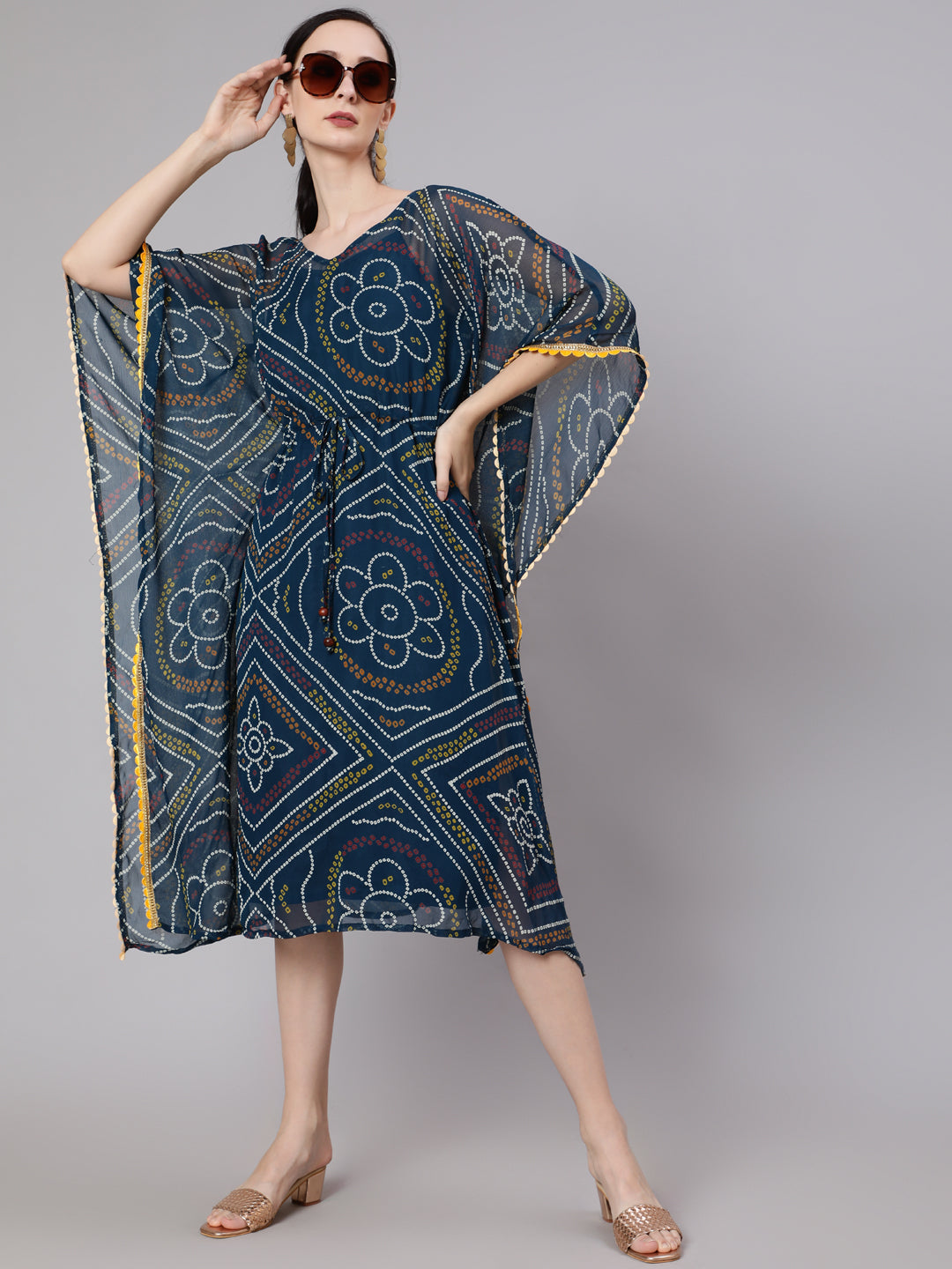 Blue Micro Print Kaftan Dress - Elganza